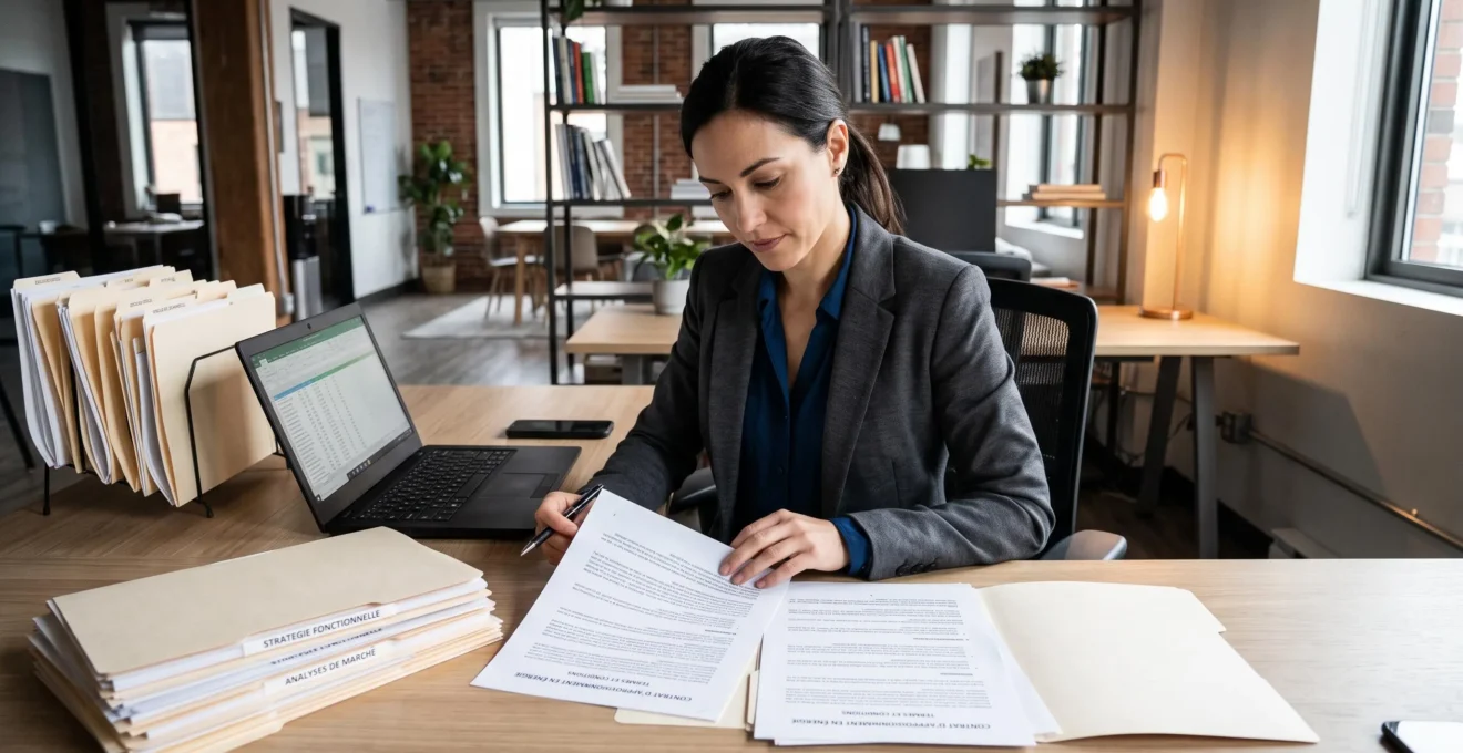 Responsable administratif d'entreprise vérifiant les clauses d'un contrat d'approvisionnement énergétique dans un bureau professionnel moderne