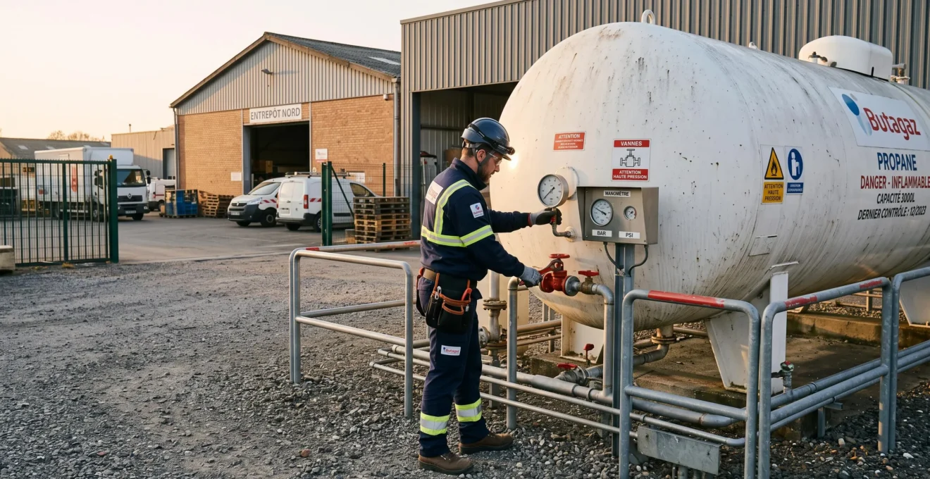 Technicien spécialisé inspectant une citerne de gaz propane professionnelle sur un site industriel français, intervention de maintenance préventive