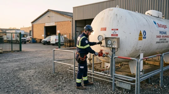 Technicien spécialisé inspectant une citerne de gaz propane professionnelle sur un site industriel français, intervention de maintenance préventive